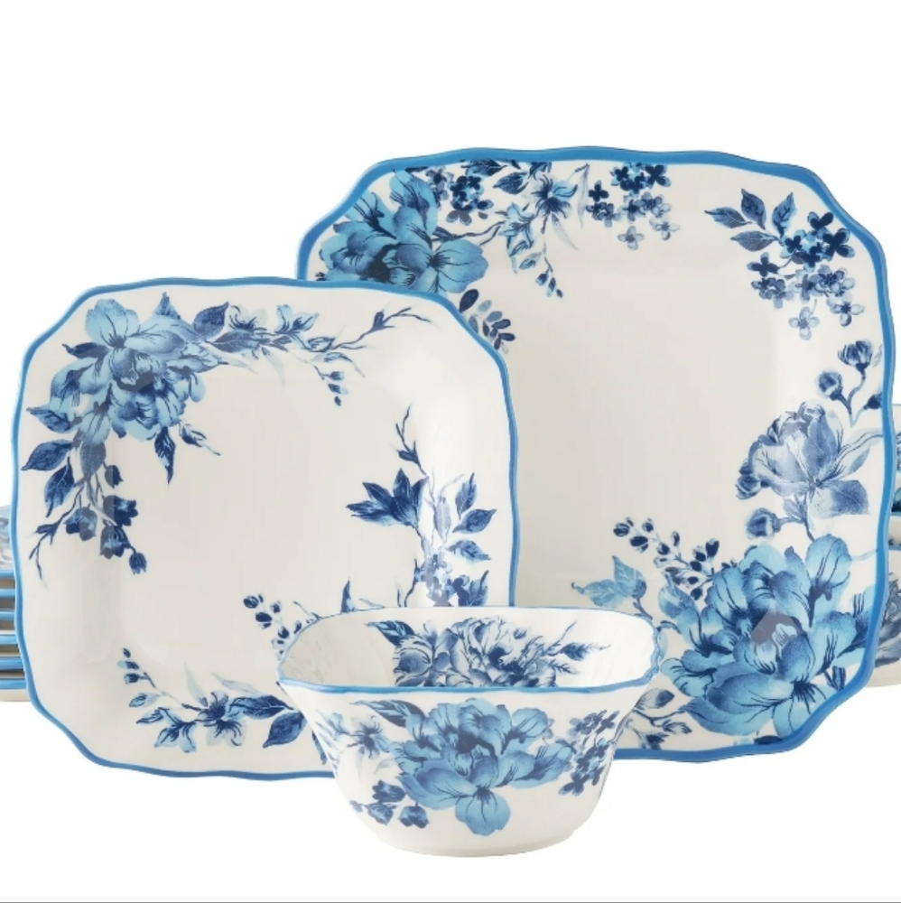 💕 12 Piece Set New 2025 The Pioneer Woman Delilah Blue Dinnerware Set